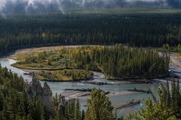 View of the Bow River Valley, Hoodoos Viewpoint, Banff National Park, Alberta Province, Canada, North America