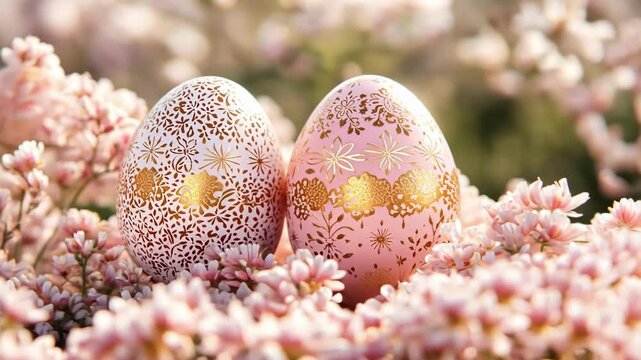 Elegant pink and gold decorative easter eggs amidst blooming flowers. Happy Easter