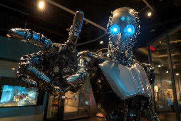 Fototapeta premium Advanced Robot with Glowing Eyes Extends a Mechanical Hand