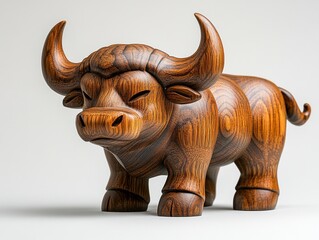 Hand-carved wooden bull figurine, dark brown, standing.