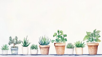 Fototapeta premium Watercolor Illustration of Various Potted Succulents and Plants