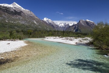 Soča or Isonzo, mountain river with crystal clear, turquoise waters, Bovec, Kanin massif, Julian Alps, Slovenia, Europe