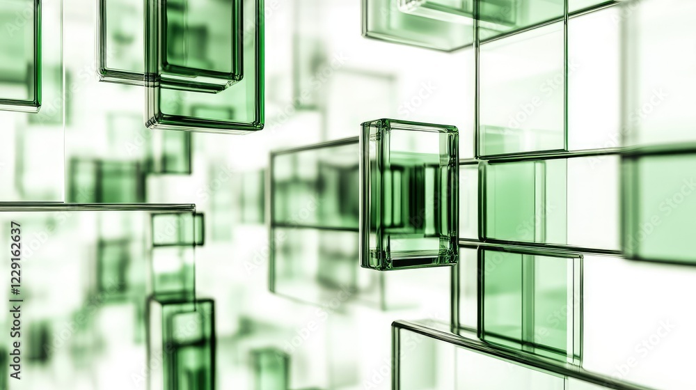 Poster abstract composition of transparent green glass cubes creating a modern aesthetic with light reflect