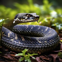 Obraz premium European adder coiled in a striking position showcasing its distinctive patterning, AI generated