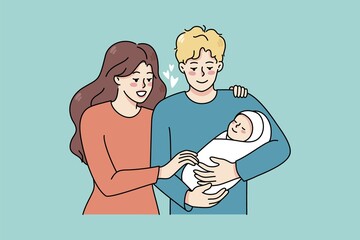 Happy young family with newborn baby enjoy parenthood together. Smiling parents hold in arms infant child show love and care. Fla illustration, cartoon character
