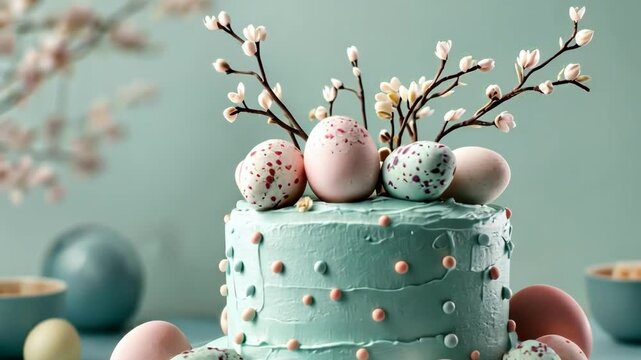 Pastel blue cake with decorative easter eggs and blossoms on green background Happy Easter