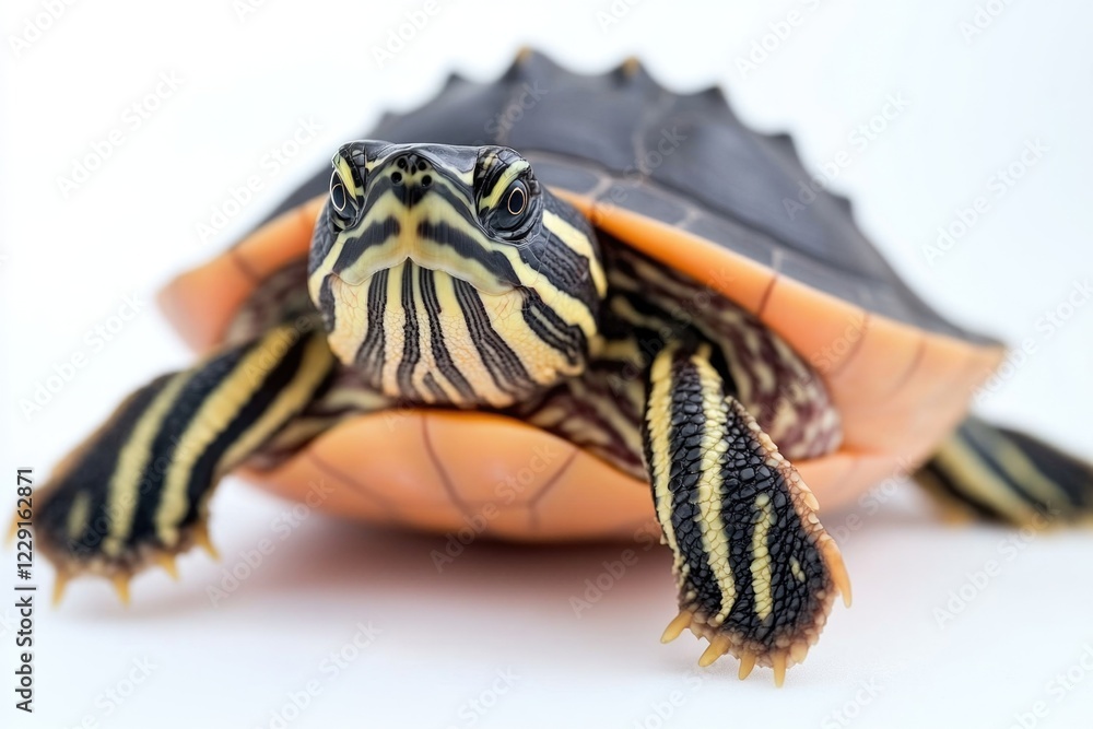 Poster a close-up view of a turtle's face on a white background
