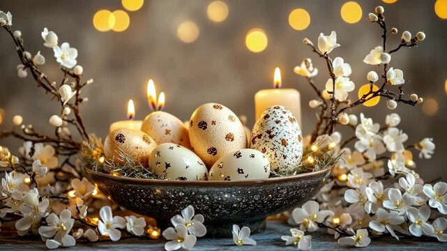 Elegant easter egg display with lit candles and blossoms. Happy Easter