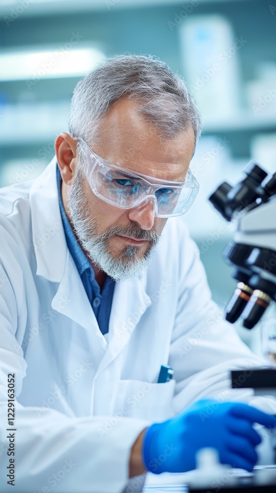 Aufkleber experienced scientist observing samples under microscope in laboratory setting during daylight hours