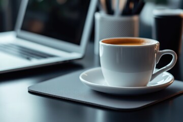 Coffee cup on desk near laptop and office supplies