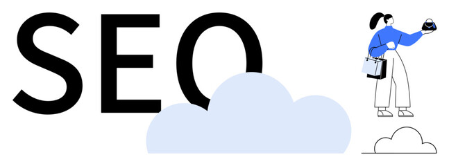 Large SEO text, blue clouds, woman in blue top holding a pie chart. Ideal for digital marketing, search engine optimization, data analysis, online business, web strategies, content marketing SEO