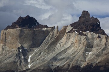 Dark peaks, Cuernos del Paine granite mountains, Torres del Paine National Park, Lake Pehoe, Magallanes Antarctica region, Patagonia, Chile, South America, America, South America