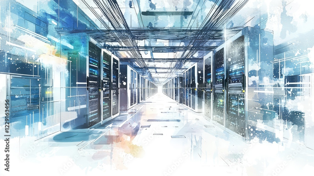 Poster futuristic data center with rows of servers and abstract lighting effects
