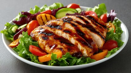 Grilled Chicken Breast on a Fresh Salad with Cherry Tomatoes, Cucumbers, and Mixed Greens Topped with a Savory Barbecue Sauce in a White Plate
