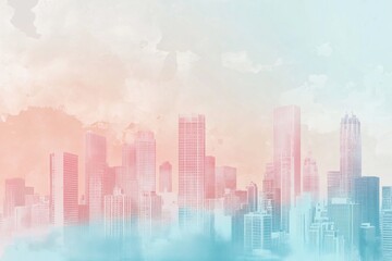 Fototapeta premium A vibrant abstract watercolor illustration of a city skyline with skyscrapers in pastel hues, creating a dreamy urban atmosphere.