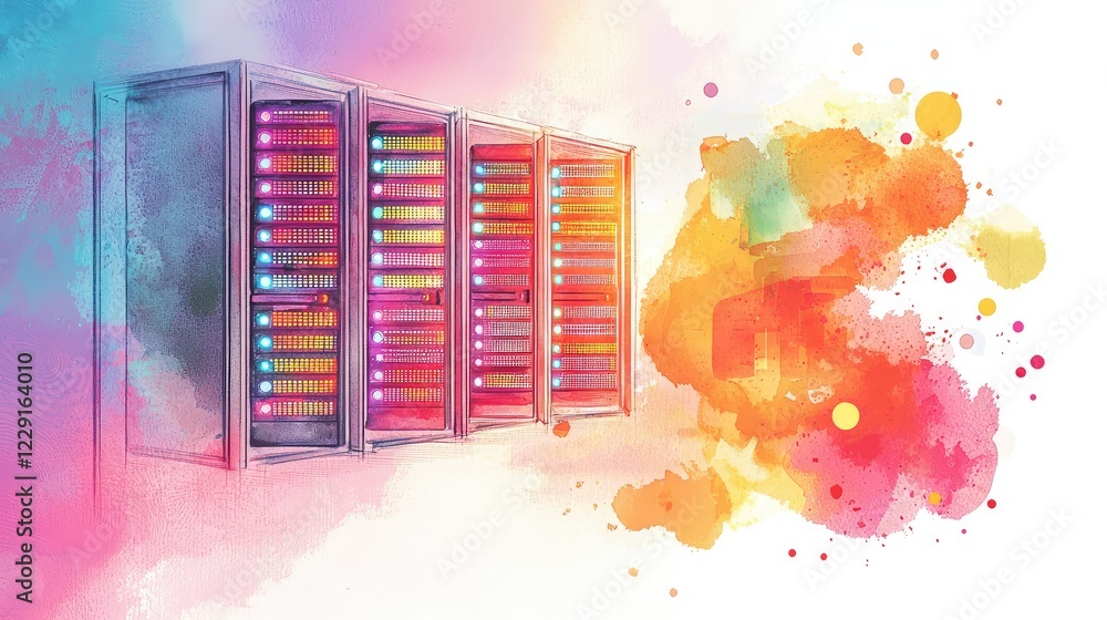 Poster colorful abstract representation of data server with vivid splashes
