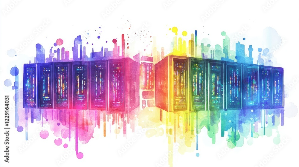 Poster colorful digital data center with server racks and abstract splash