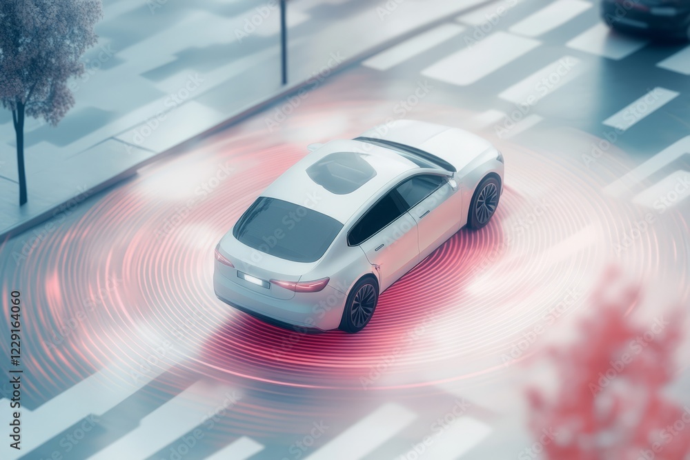 Poster a sleek self-driving car using cutting-edge sensors and ai technology to navigate city streets safel