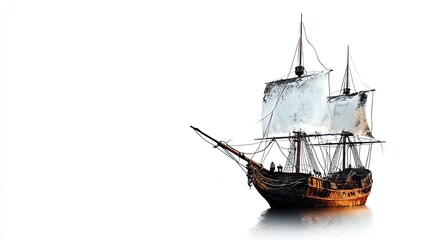 Naklejka premium A majestic wooden sailing ship with billowing sails, set against a crisp white background, perfect for creative graphic designs or nautical themes.