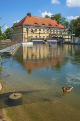 Weir at Großer Stadtbach at the river Isar, Munich, Upper Bavaria, Bavaria, Germany, Europe