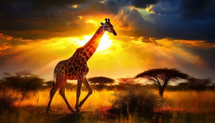 夕暮れのサバンナを悠々と歩くキリン