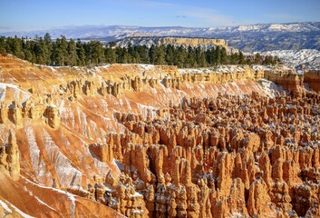 View of the amphitheatre, snow-covered bizarre rocky landscape with Hoodoos in winter, Inspiration...