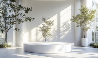 Elegant 3D White Circle Podium with Cylindrical Pedestal Display, Minimalist Interior Design, Plants, Natural Light, Daytime Setting, Modern Showcase for Product Presentation, 