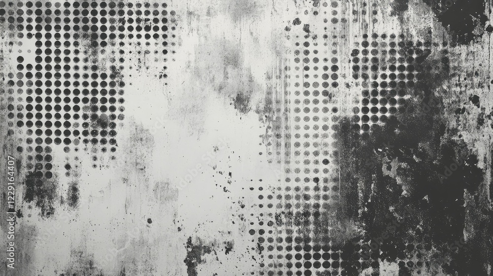 Poster abstract monochrome texture with grunge effect and halftone pattern, featuring dark spots, faded bac