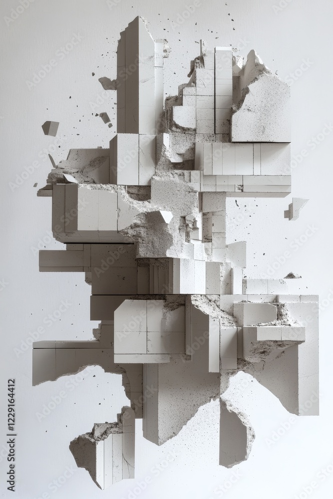 Poster a striking abstract composition featuring broken white structures with dust and fragments. the artwo