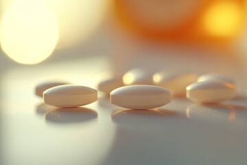 A close-up of several identical orange and white pill bottles on the table, with showing round pills inside