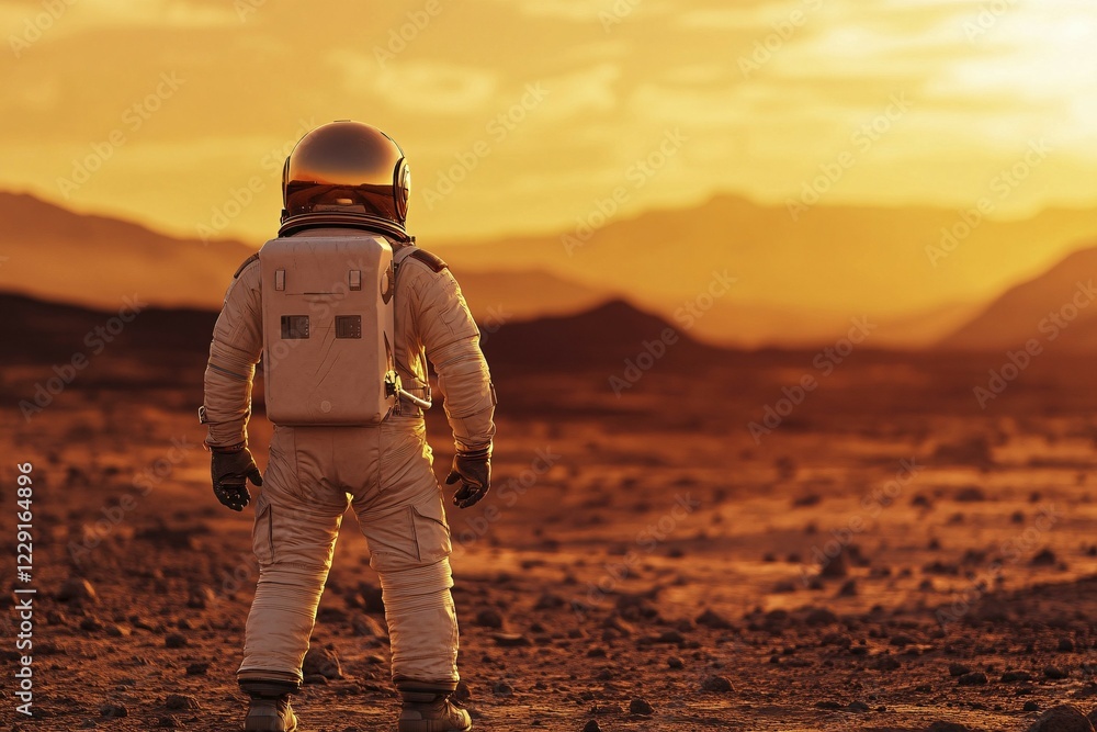 Poster back view of astronaut in suit standing on red planet mars. generative ai, ai generated