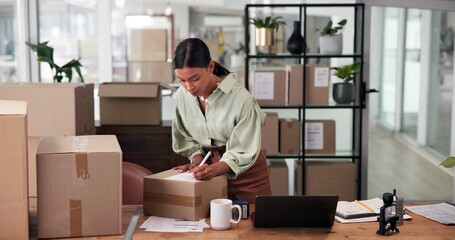 Warehouse, label or woman with boxes checklist for shipping, small business or inventory....