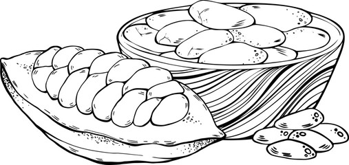 Clip art of mug with cocoa beans. Vector doodle clip art for design menu.