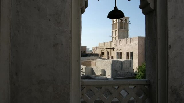Dubai, United Arab Emirates, 19 January 2024: Al Seef is place for walking, food. historical district with traditional Arabic architecture. old buildings and traditional Arabian street.