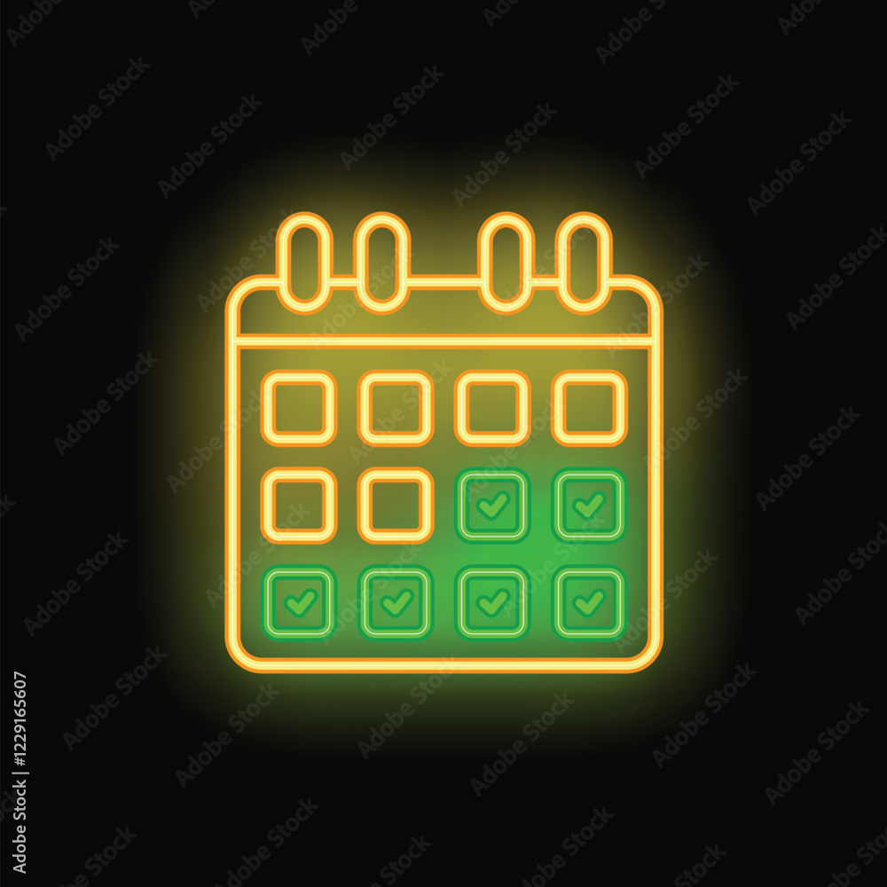 Poster bright neon calendar icon with check marks in squares representing days passing, on a black backgrou