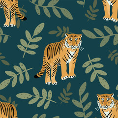 Tiger and leaves vector seamless pattern illustration