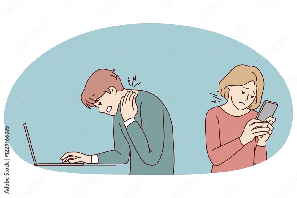 Poster people working on gadgets suffer from neck problems. users addicted with devices struggle with backa