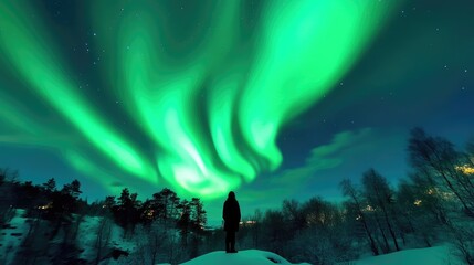 Fototapeta premium A lone figure witnesses the vibrant aurora borealis display