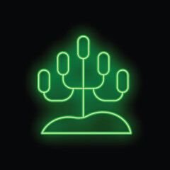 Green neon sign depicting a plant growing from the ground, evoking concepts like ecology, nature, and growth