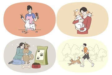Happy young pets owners concept. Set of smiling girls and boys grooming hugging feeding dog running in park together playing and enjoying time with pets vector illustration