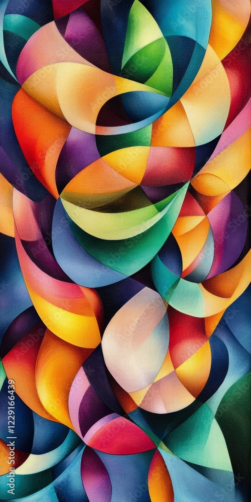 Poster a vibrant abstract design featuring overlapping geometric shapes in a spectrum of colors, creating a