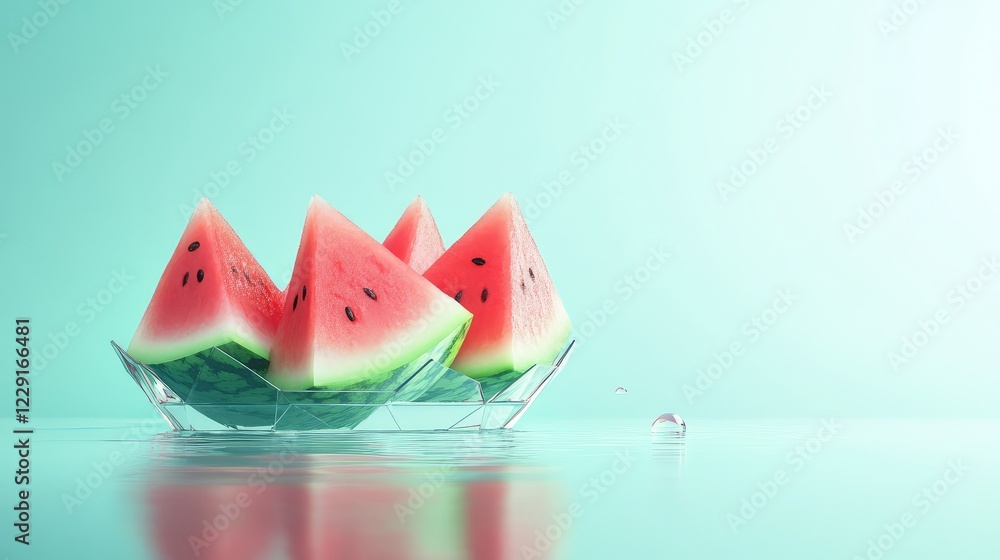 Poster vibrant slices of watermelon in a clear dish on a calm aqua surface highlighting freshness and summe