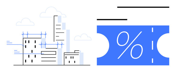 Buildings under construction with scaffolding and cranes beside a large coupon with a percentage sign. Ideal for urban planning, construction, commerce, real estate, economy, investment, savings