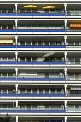 Detail of a high-rise facade with balconies on modernized prefabricated buildings, Berlin, Germany, Europe