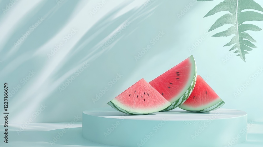 Poster fresh and juicy watermelon slices on a light background with subtle shadows and soft green ferns cre