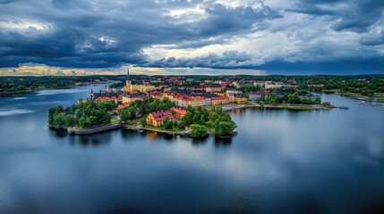 A small island surrounded by water, perfect for a peaceful getaway or a scenic background