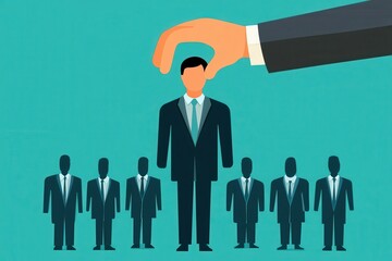 Career growth recruiter concept. Hand selecting a standout business professional from a group of suited figures.