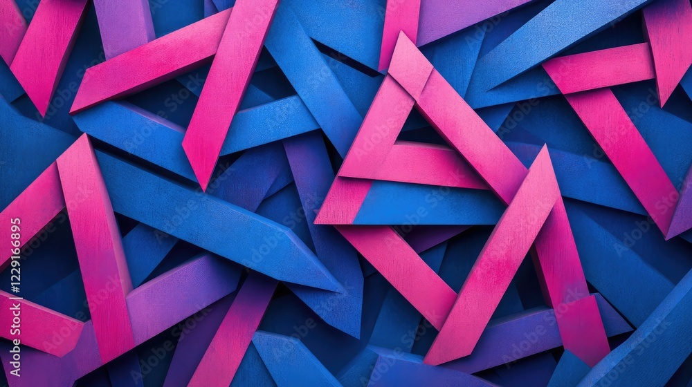 Poster colorful geometric composition featuring triangular shapes in pink and blue tones with a modern abst