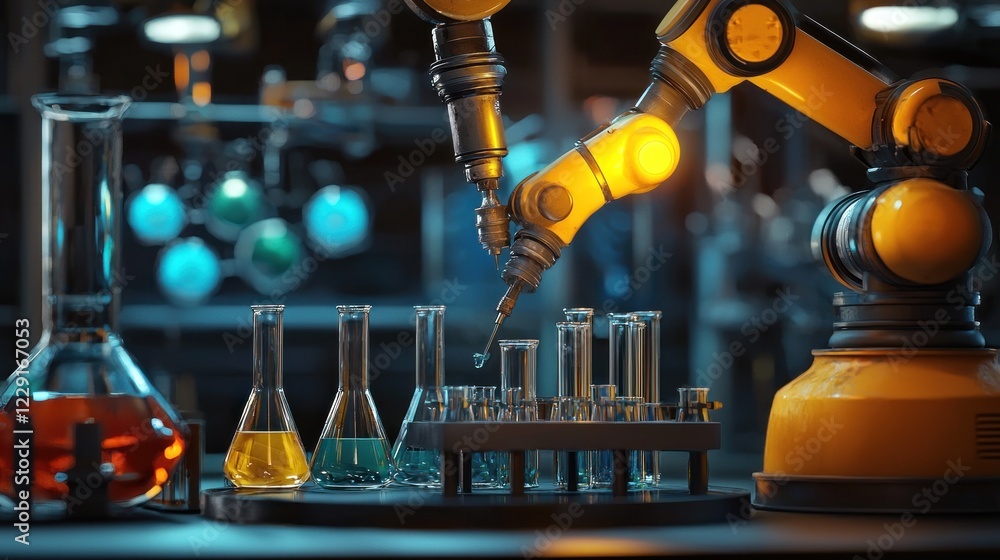 Poster automated laboratory: robotic arm precisely dispensing liquids into test tubes