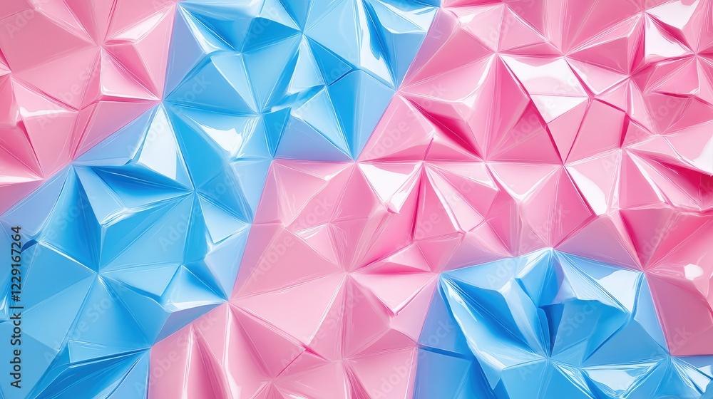 Poster vibrant geometric patterns in blue and pink tones, featuring textured surfaces and dynamic light ref